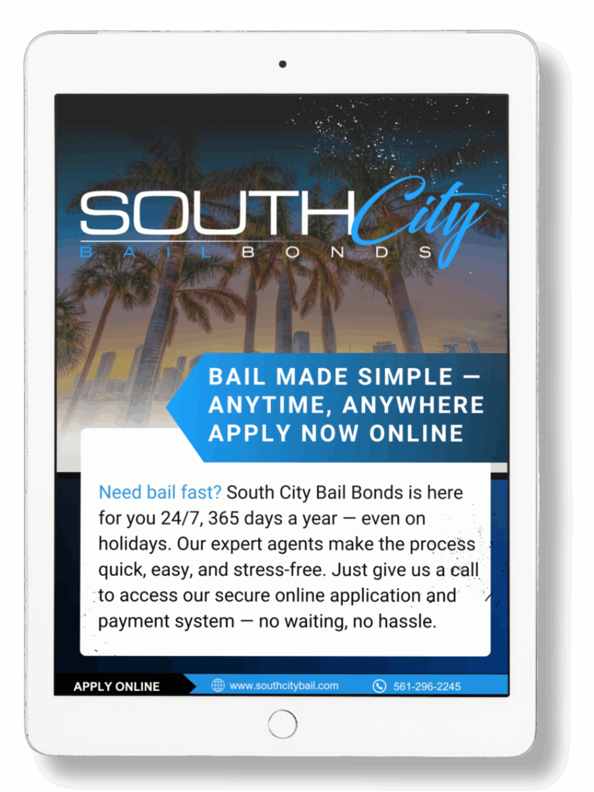 tablet with information about fast and easy bail bonds.