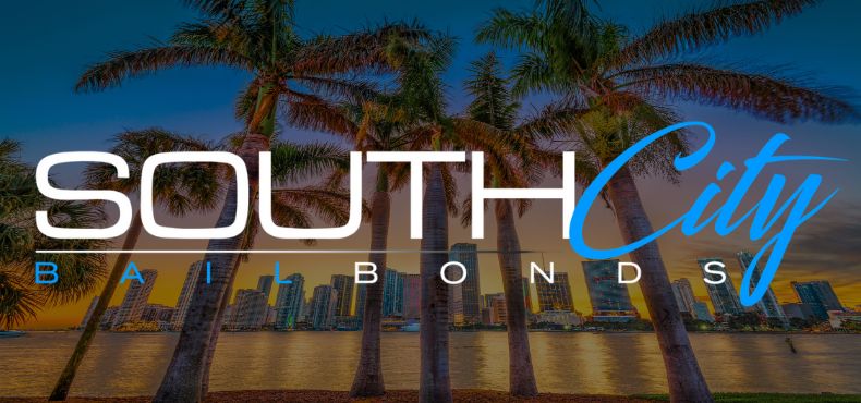 Bail Bonds In Florida. South City Bail Bonds logo with Florida palm trees and city skyline at sunset