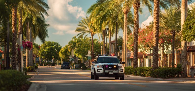 Police vehicle patrolling a palm-lined street in downtown Boca Raton, Florida, near Boca Raton bail bonds services.