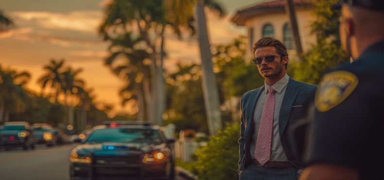 Man in suit speaking to police officer at sunset in a residential Boynton Beach neighborhood near Boynton Beach bail bonds services.